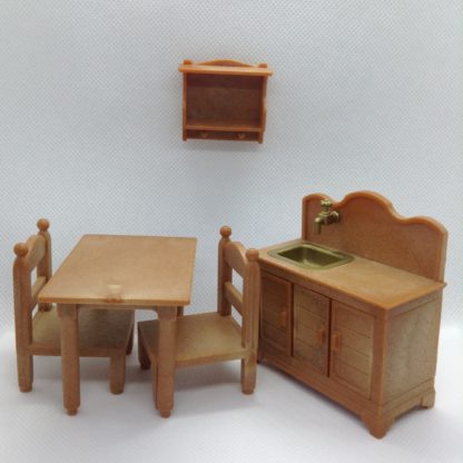 Sylvanian Families kitchen cupboard sink unit, table, 2x chairs & wall cabinet
